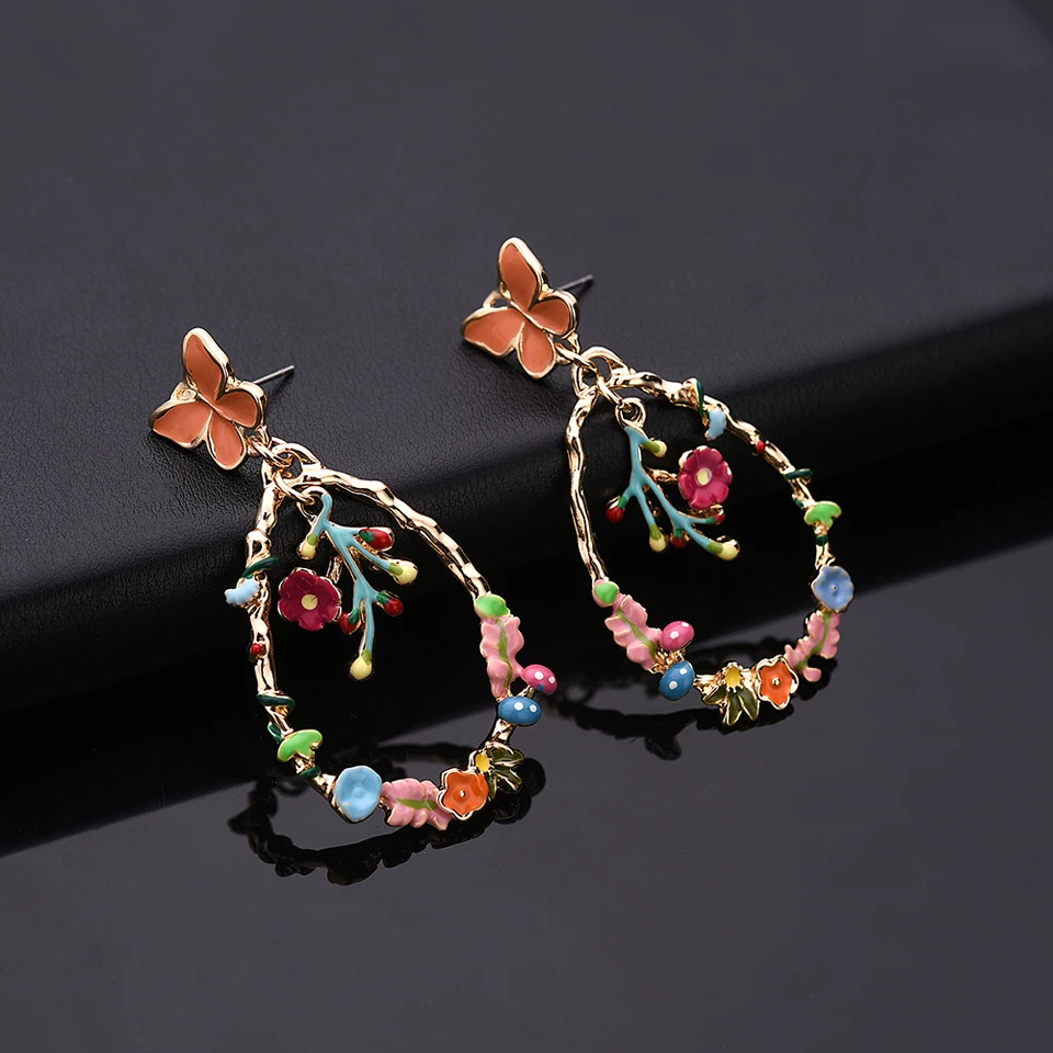 Flower Dangle Earring Drop Statement Earrings Woman Butterfiles Women's Hanging Enamel Butterfly Geometric Jewelry for Girls