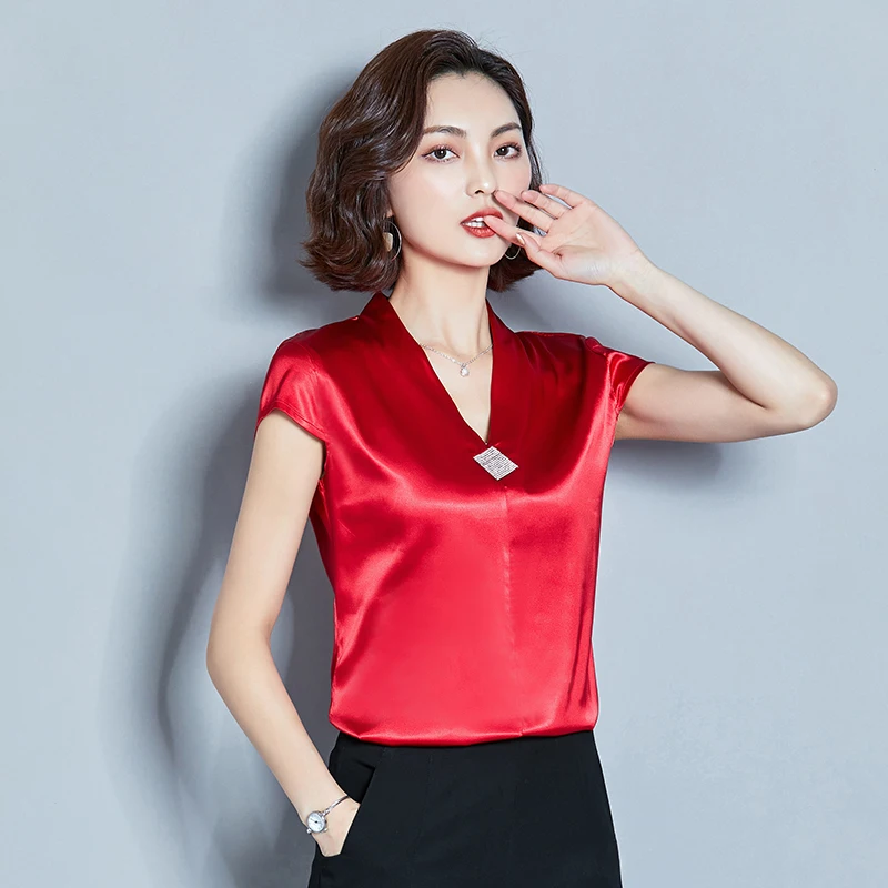 Korean Fashion Silk Women Blouses Satin V-Neck Sleeveless Red Women Shirts Plus Size XXXL Womens Tops and Blouses - 33018248391