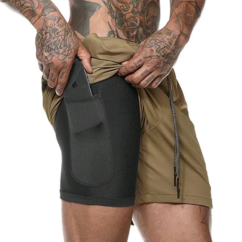 Мужские летние обтягивающие шорты для фитнеса, бодибилдинга, бега, мужские короткие штаны до колена, дышащая сетчатая спортивная одежда, большие размеры, M-5XL - Цвет: Khaki double