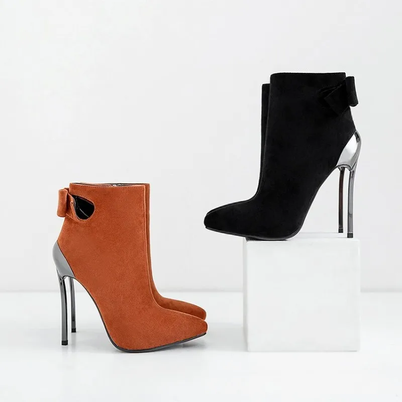 

US4-11 Womens Suede Leather Bowknot Ankle Boots Metal Stilettos Super High Heel 15CM Shoes Side Zip Pointed Toe 2Colors A1335