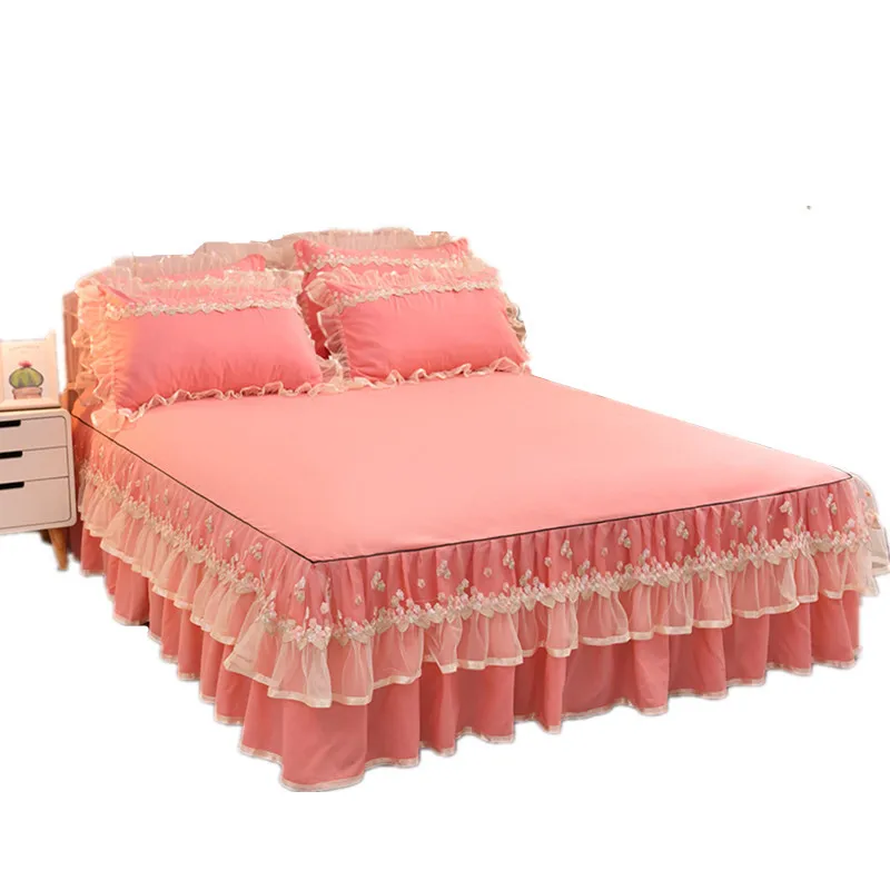 Light Pink Синее, розовое, бежевое кружевное постельное покрывало, домашний текстиль, однотонное покрывало принцессы, наволочки, Корейская простыня 1,5/1,8/2,0, наматрасник - Цвет: Light Pink