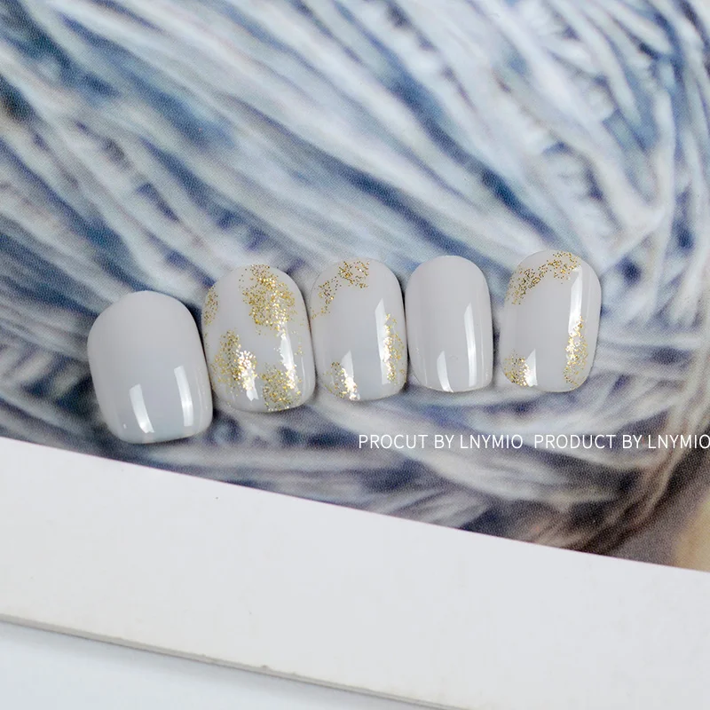 

Short fake nails cute white round with golden powder artificial tips 24Pcs