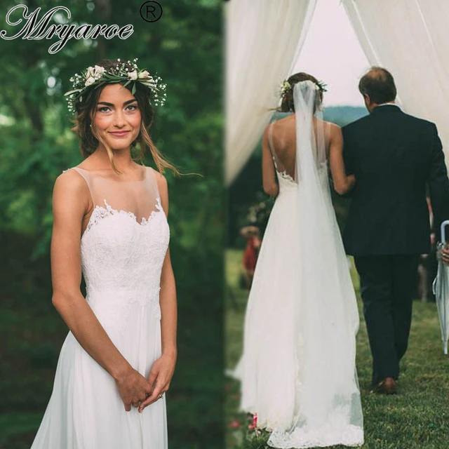 Vestidos De Noiva 2017 Scoop Illusion Neckline Sleeveless Lace Bodice Chiffon Rustic Wedding Dress Open Back Vestidos De Noiva 2017 Scoop Illusion Neckline Sleeveless Lace Bodice Chiffon Rustic Wedding Dress Open Back