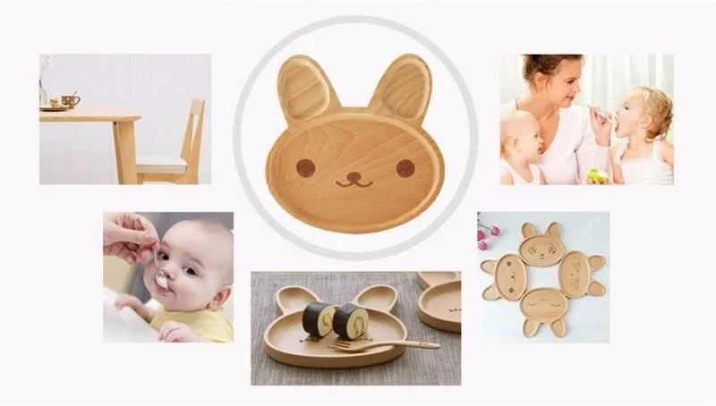 Милая деревянная обеденная тарелка с кроличьим лицом, Детская вилка, ложка, детская мультяшная еда, фруктовое блюдо, поднос для ребенка, сервировочный стол, кухонная тарелка