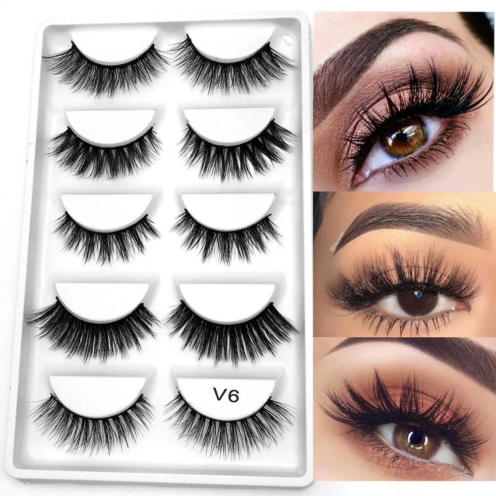 

5Pairs V6 Mixed Cross Long 3D Mink Hair False Eyelashes Thick Flutter Wispy Natural Lashes Handmade Eye Makeup Extension Tools