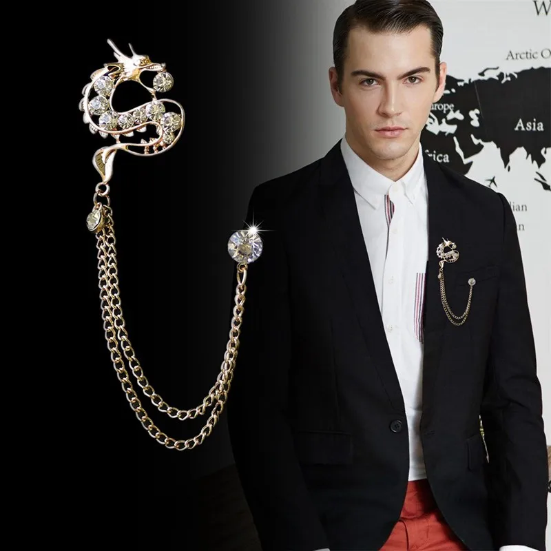

1 Piece Elegant Charm Suit Suits Brooch Pins Brooches Men Crystal Dragon Tassels Chain Corsage Lapel Pin Brooches Jewelry CX117