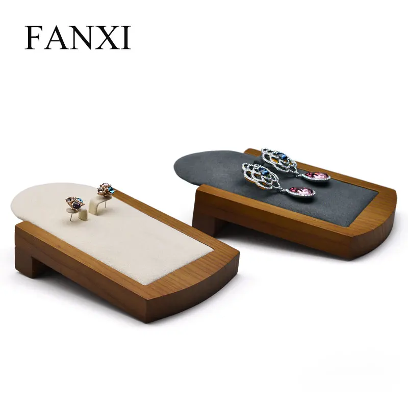  FANXI Earring display stand Ear stud holder with Solid wood and Beige or Grey microfiber internal f
