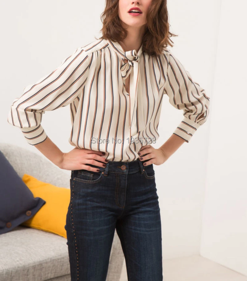 Blusa a rayas con contraste para mujer, camisa elegante con cuello en V y lazos de cinta, 100%, 2019|Blusas y AliExpress