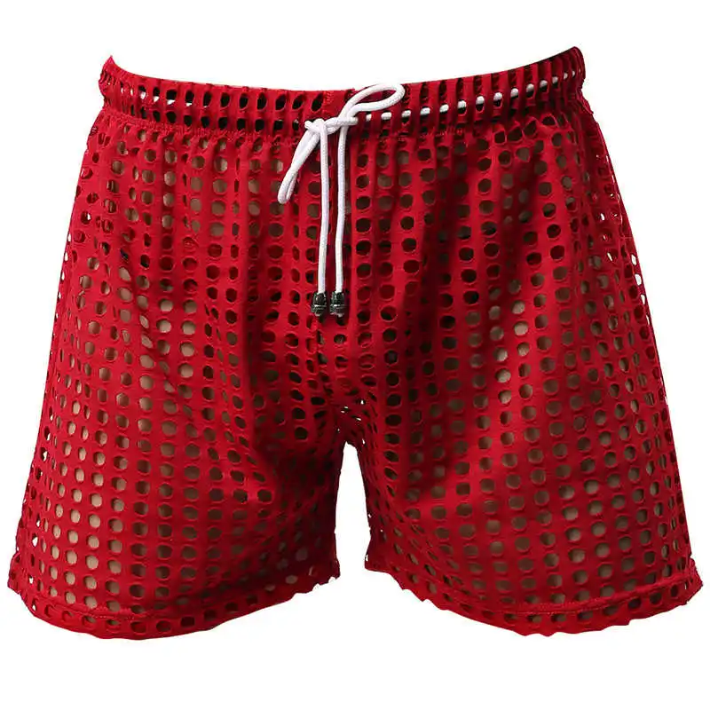 YiZYiF мужские сексуальные сетчатые Прозрачные шорты, модные свободные шорты для отдыха, трусы для сна, прозрачные Пижамные шорты с дырочками - Цвет: Красный