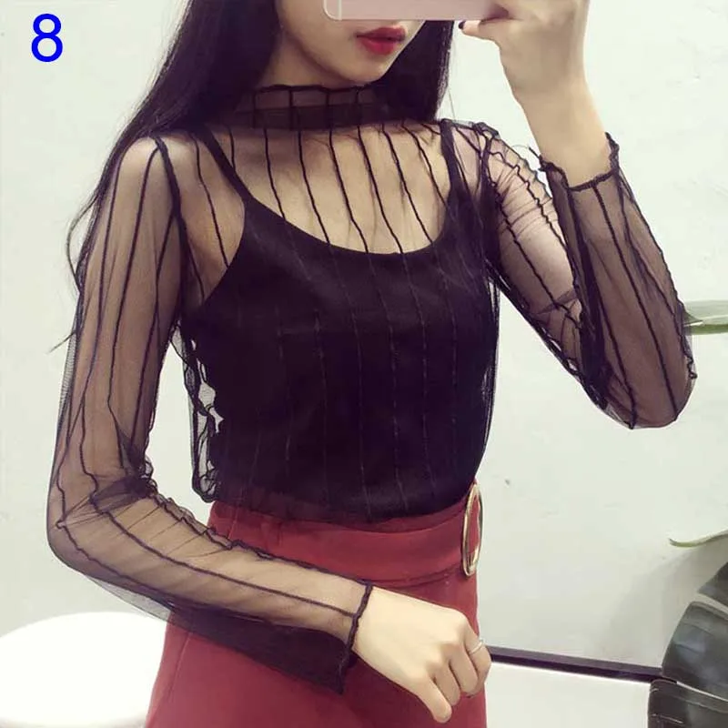 Newly Sexy Women Blouse See Through Transparent Mesh Long Sleeve Sheer Blouses Shirt Tops Tee BF88