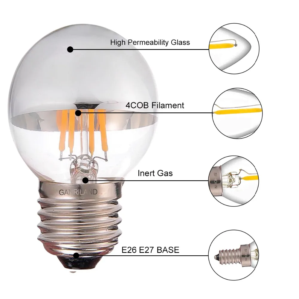 GANRILAND G45 Глобус светильник с регулируемой яркостью светодиодный светильник с серебристой нитью с зеркалом светодиодный E26 E27 4 Вт(25 Вт эквивалент) 2700K 6000K