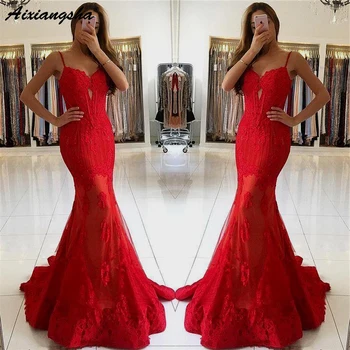 

Sexy Prom Dresses Mermaid Spaghetti Straps Tulle Sweetheart Long Prom Gown Lace Red Evening Dresses Robe De Soiree
