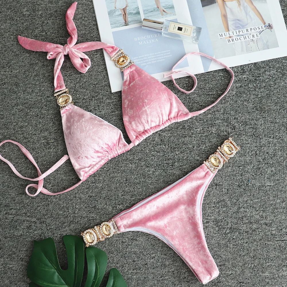 

Crystal Diamond velvet bikini thong Pink And blue swimsuit solid swimwear women halter bikini 2019 brazilian bikini