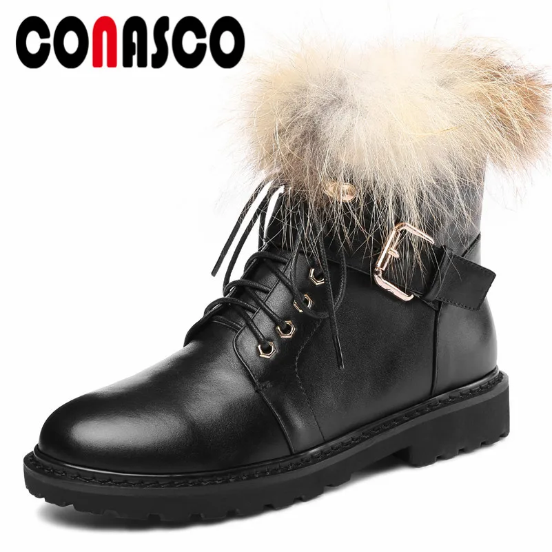 

CONASCO New Punk Women Genuine Leather Motorcycle Boots High Heels Warm Winter Snow Boots Ladies Buckles Short Basic Boots Shoes