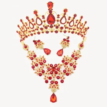 

Beautiful Red Crystal Wedding Bridal Jewelry Sets Bride Women Gold Tiara Necklace Earring Set Bijoux Wedding Jewelry Accessories