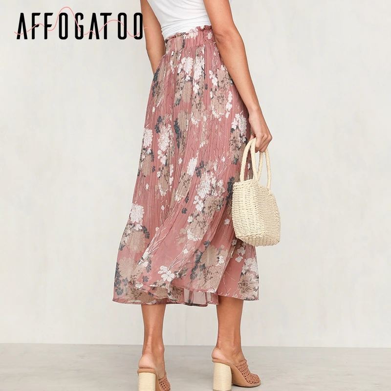 Afogafoo/повседневные женские плиссированные юбки с цветочным принтом и высокой талией, шифоновая летняя шифоновая юбка для отдыха, богемная Свободная юбка для женщин