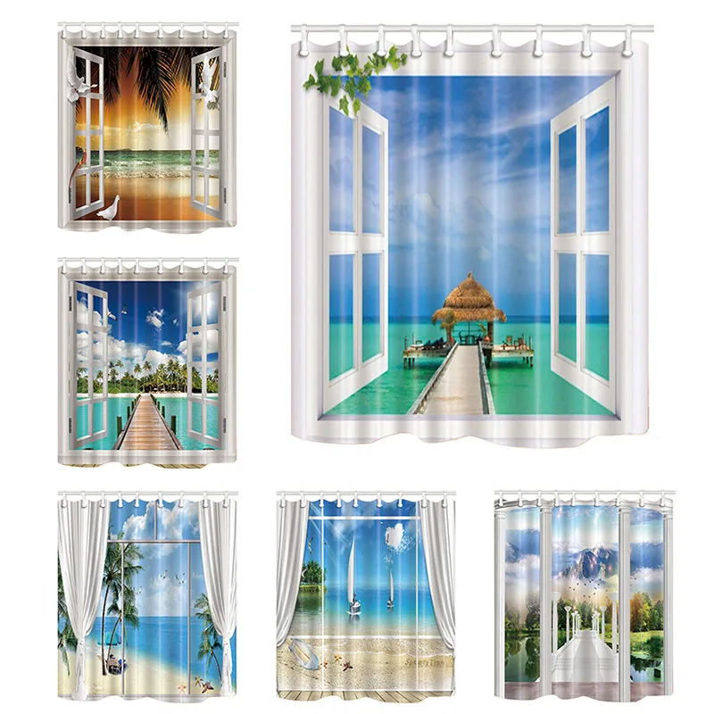 

Seascape Window Print Waterproof Shower Curtain Polyester Washable Fabric Bath Curtain Home Bathroom Curtains with 12 Hooks