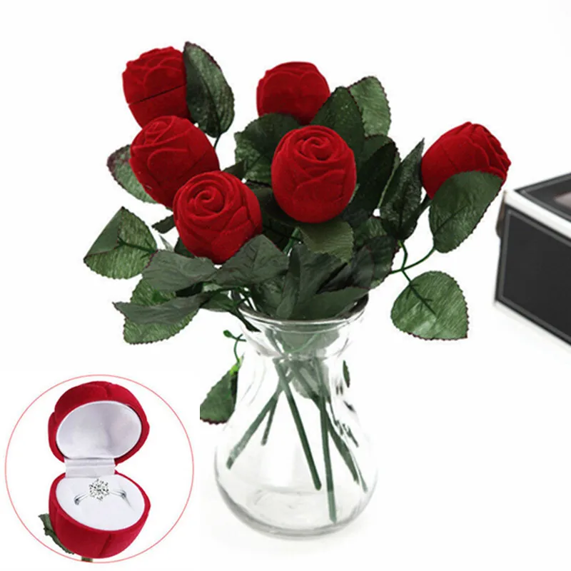 

Red Rose Ring Box Personalized Velvet Wedding Originality Gift Box Fashion Valentines Engagement Box Jewellery Packaging Box W3