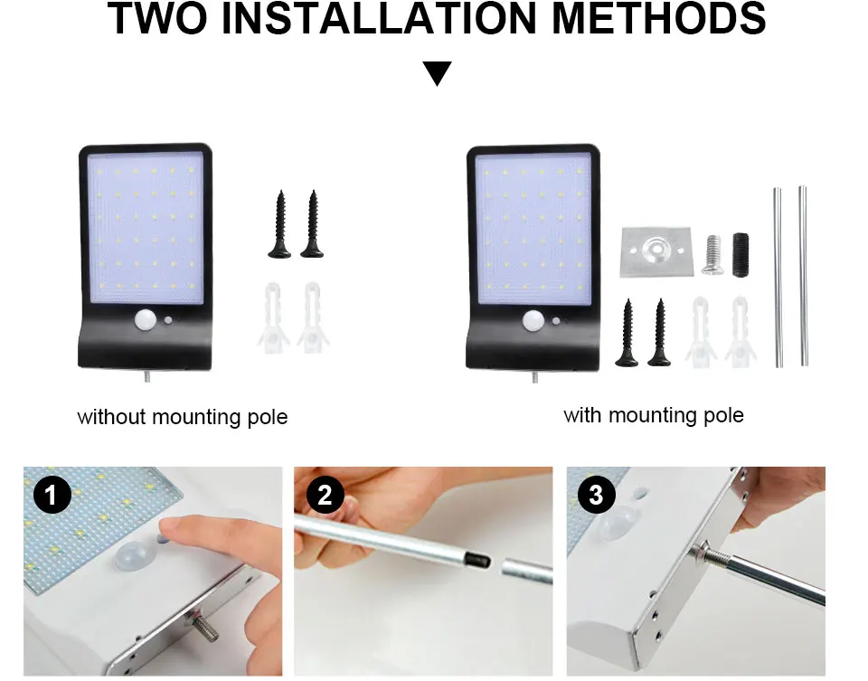 LED Solar Light Outdoor Motion Sensor 36 LEDs IP65 WhiteBlack Solar Wall Lamp for Garden Street Light With Mounting Pole Or Not (15)