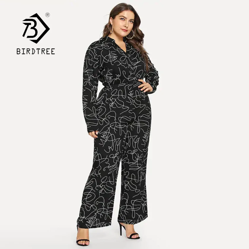 

2019 New Women's Plus Size Line Print Jumpsuit Long Sleeve V Neck Wide Leg Pants Elegant Office Lady 4XL Female Modis Wear S927