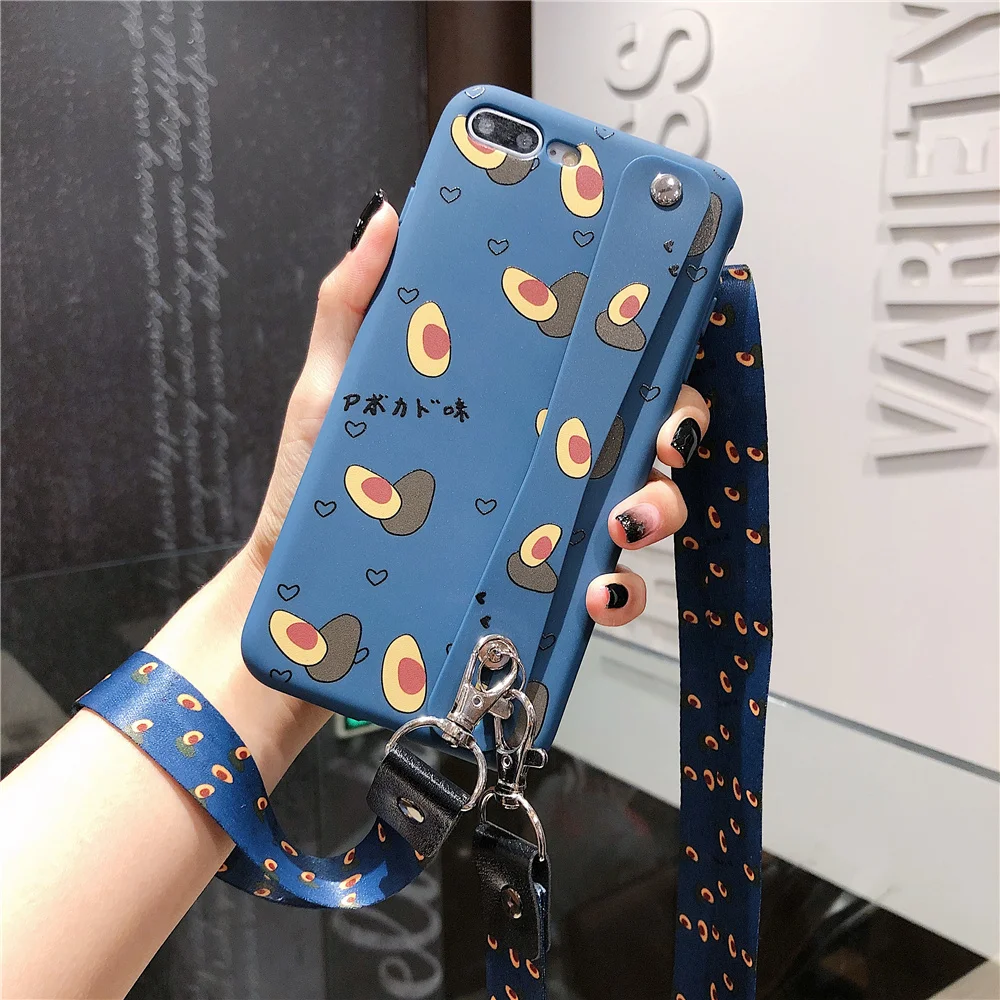 

Wrist Strap Phone Case For iPhone X XR XS MAX Candy colors Avocado Silicone Case for iphone 7 6s 8 plus Lanyard Neck Strap Cover