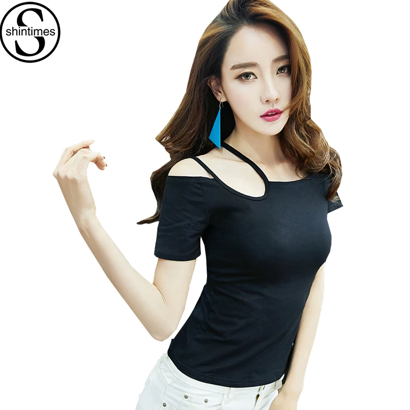 Shintimes футболка Femme Лето топы с открытыми плечами для женщин футболка хлопок Корейская одежда Сексуальная футболка Camisetas Mujer