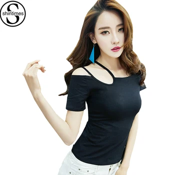 Shintimes Tshirt Femme Summer 2018 Off The Shoulder Tops For Women T-Shirt Cotton Korean Clothes Sexy T Shirt Camisetas Mujer convertible off the shoulder t shirt