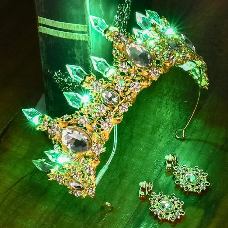 Светящаяся золотая корона для женщин на день рождения, вечерние, свадебные украшения для волос, светящаяся тиара, Корона невесты, цветок, Королевская корона, украшения для волос - Окраска металла: Gold Green