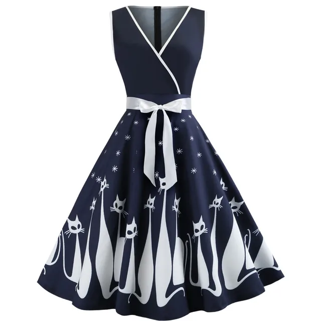 Retro Women Cat Printed Midi Dresses Fashion V Neck Sleeveless Knee
