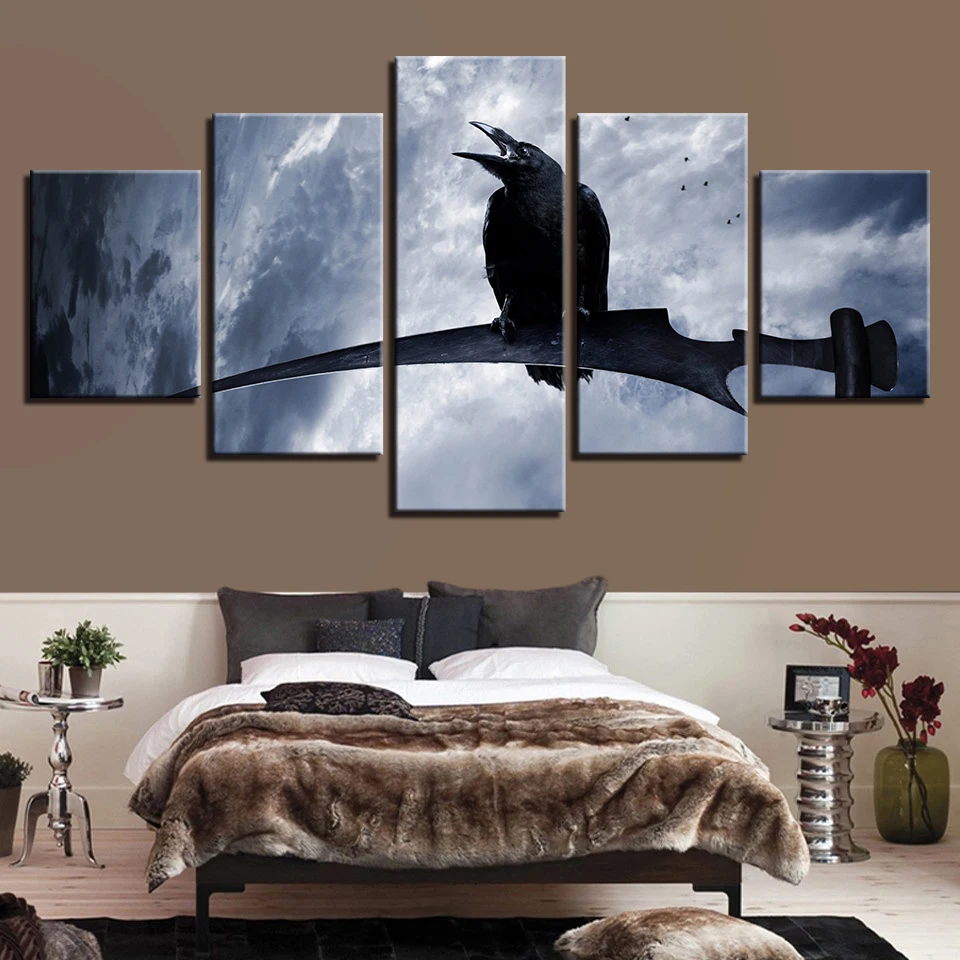 

HD Print Wall Art Modular Canvas Pictures 5 Pieces Black Crow Stands On The Branch And Cloud Scenery Paintings Decor Living Room