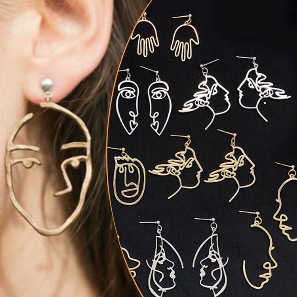 

Girls Multiple Choice Earrings Retro Metal Alloy Fashion Abstract Hollow Out Dangle Earrings New earring Face 2019 New Hot