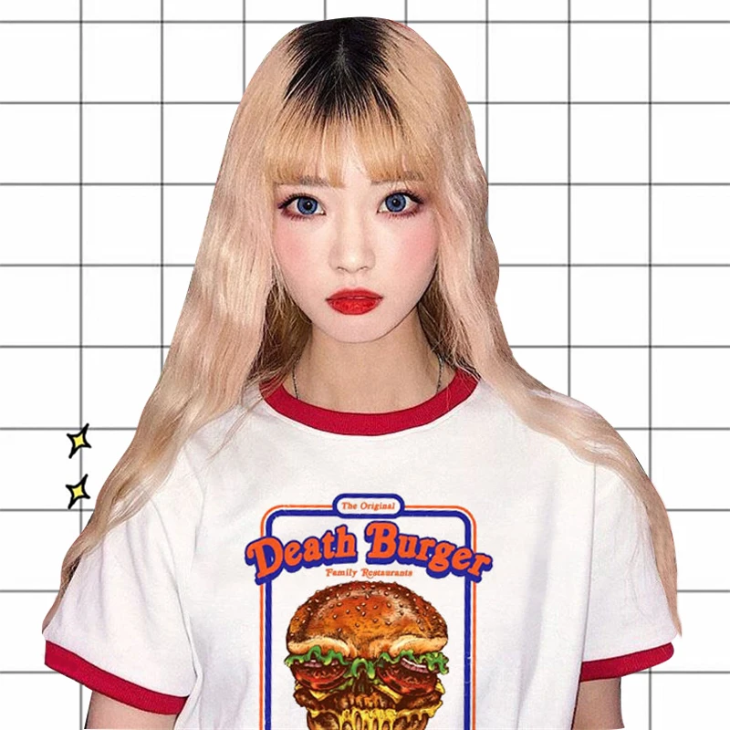 

American comics burger print casual fashion large size loose stitching short-sleeved Harajuku female hip hop Cartoon T-shirt top