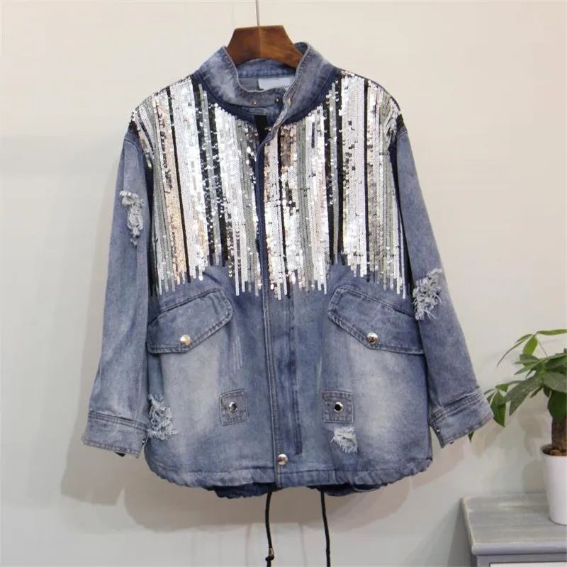 

Spring Holes Washed Denim Jacket Women Coats Sequin Long Sleeves Vintage Boho Hippie Jacket Big size Loose Jeans Jacket Female