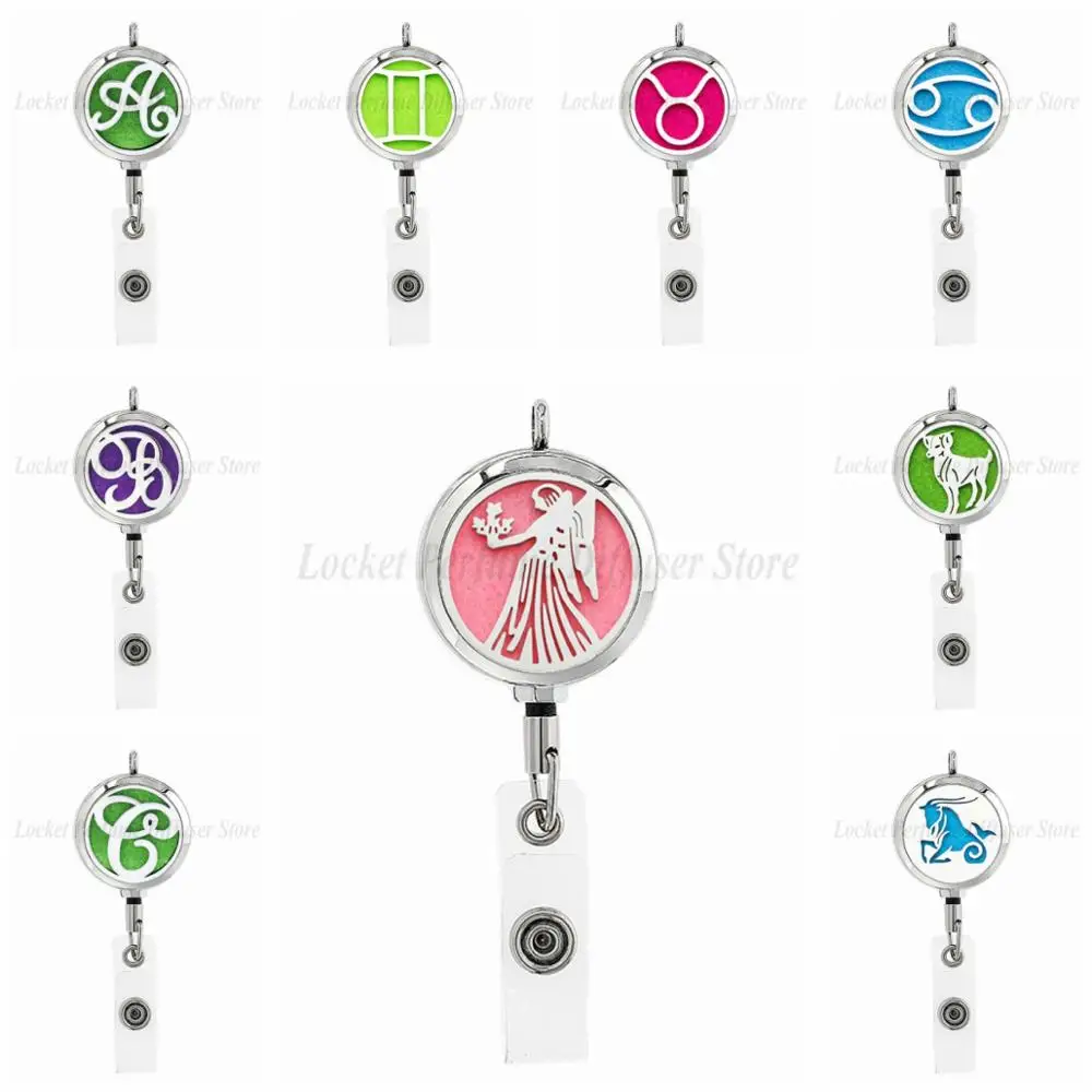 

English letters 30mm Staiinless Steel ID Badge Holder Retractable Keychain Aromatherapy Essential Oil Diffuser Necklace 10 pads