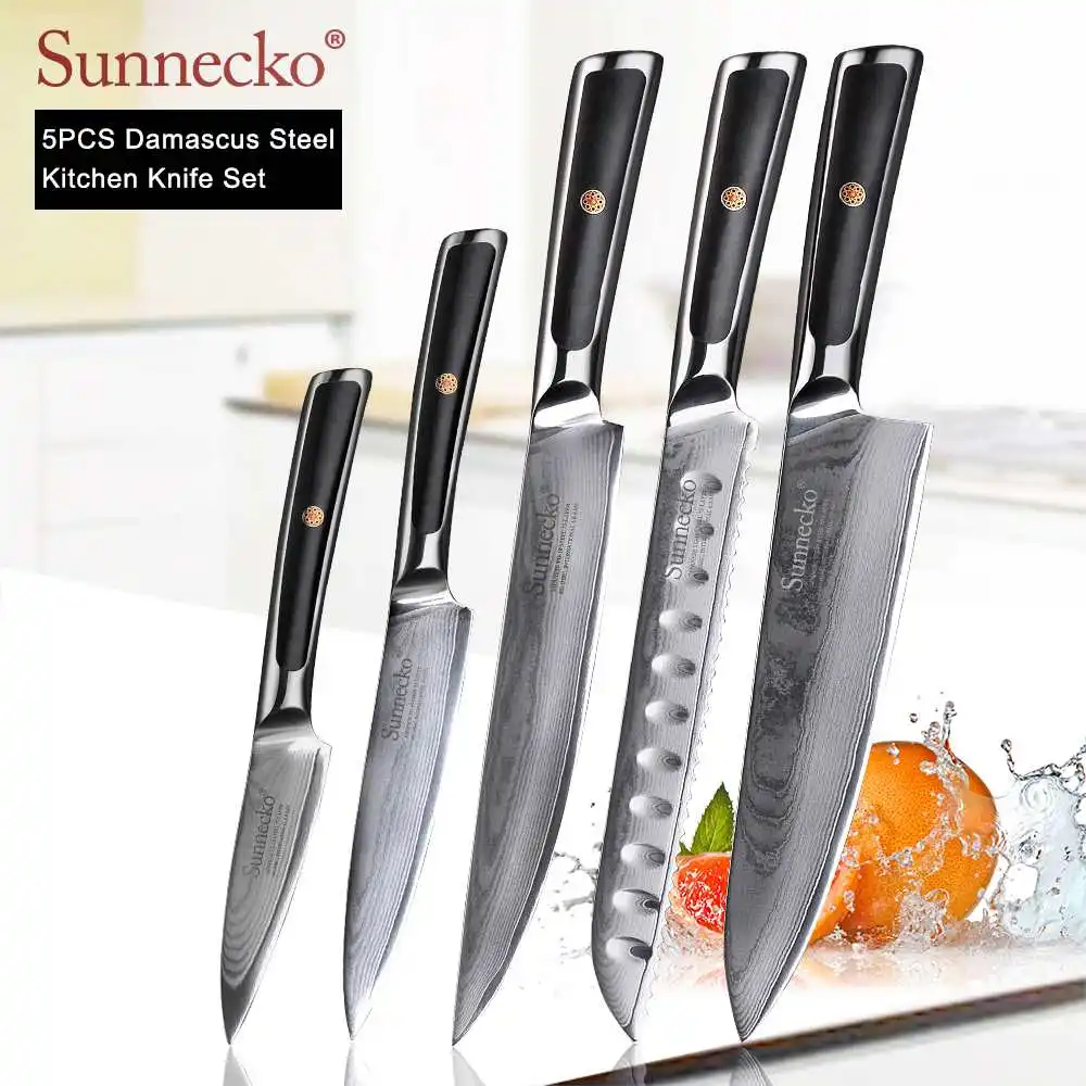 SUNNECKO дамасский нож шеф-повара для очистки хлеба Santoku нож для стейка японский VG10 Сталь G10 ручка для резки мяса набор кухонных ножей - Цвет: 5pcs Set C