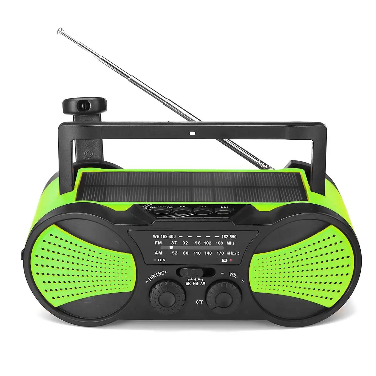 Solar Portable Radio Power WB Crank Emergency Power Bank Hand Crank Self Powered AM/FM Weather 2000mAh Rechargeable - Цвет: Green