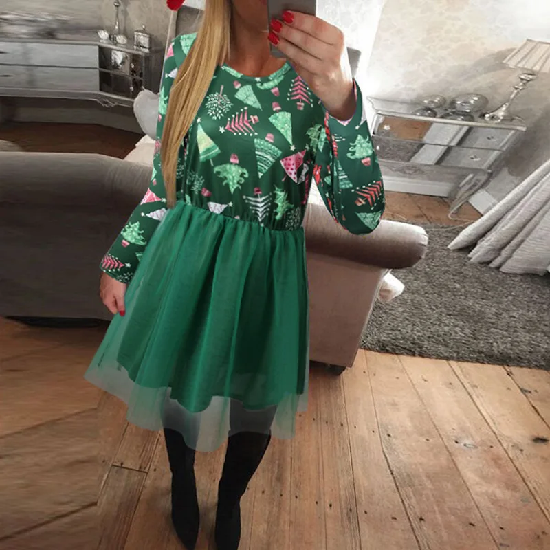 

Autumn Winter Christmas Dress Women Tree Santa Claus Print Sexy A Line Party Dresses O Neck Long Sleeve 2019 Vestido