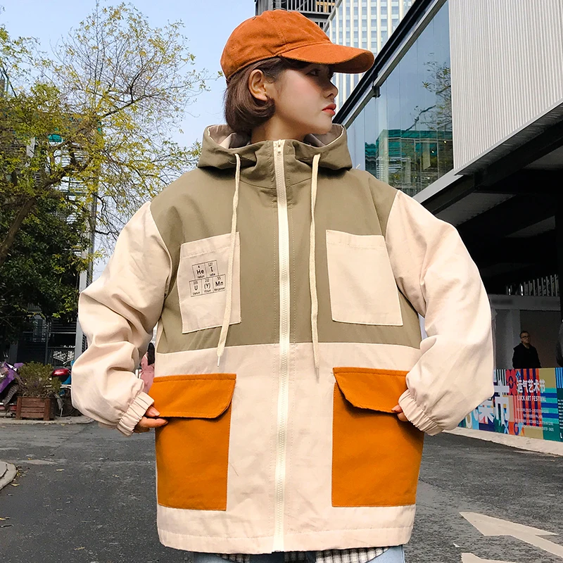 Plegie Harajuku, Женская куртка большого размера,, Весенняя верхняя одежда, студенческий стиль, лоскутное пальто, хип-хоп Уличная одежда, свободные куртки с капюшоном - Цвет: Army Green