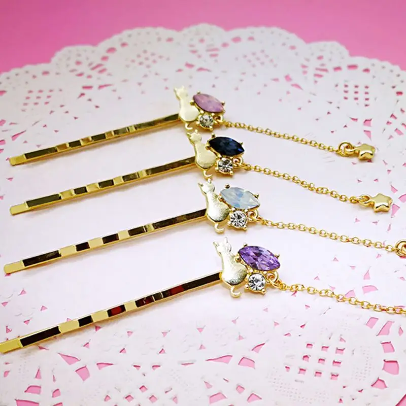 Women Girl Japanese Style Wavy Bobby Pins Cute Cat Rhinestone Faux