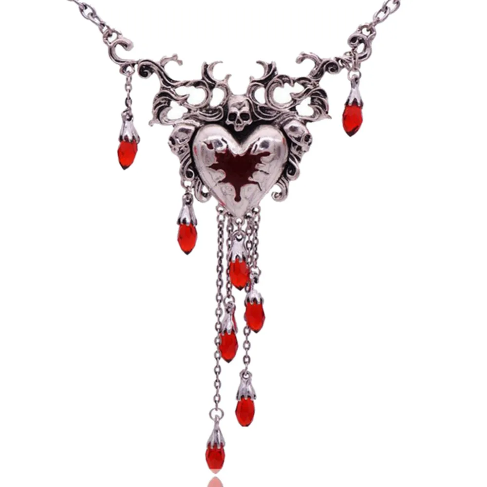 

Hearted Gothic Necklace Pendant Retro Skull Red Peach Heart Crystal Halloween Necklace Skulls Accessories Woman