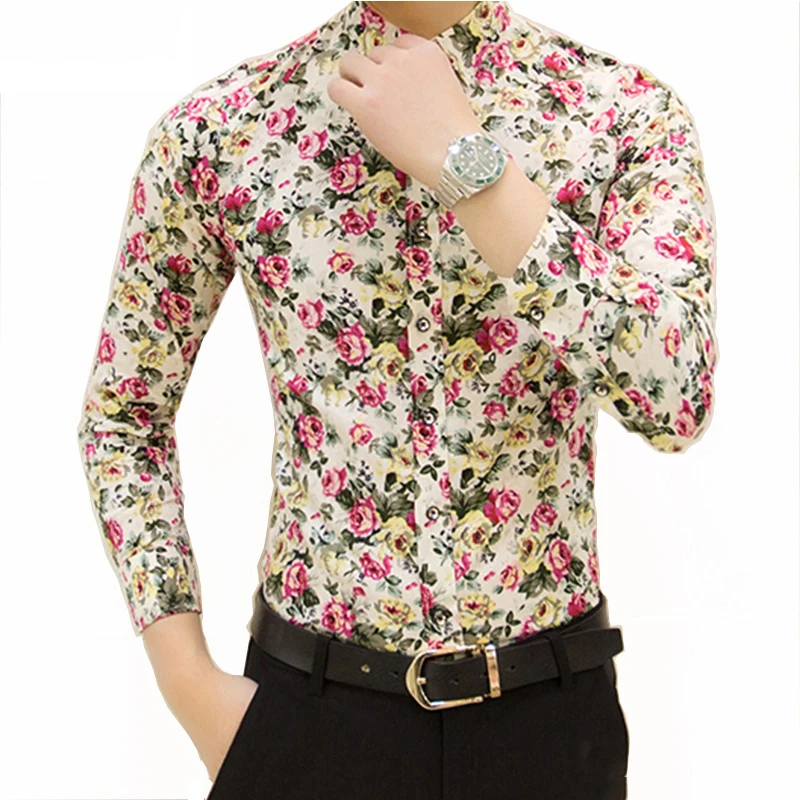 Free shipping Colorful spring and summer fashion brand mens clothes printed shirt large size Slim floral shirt men