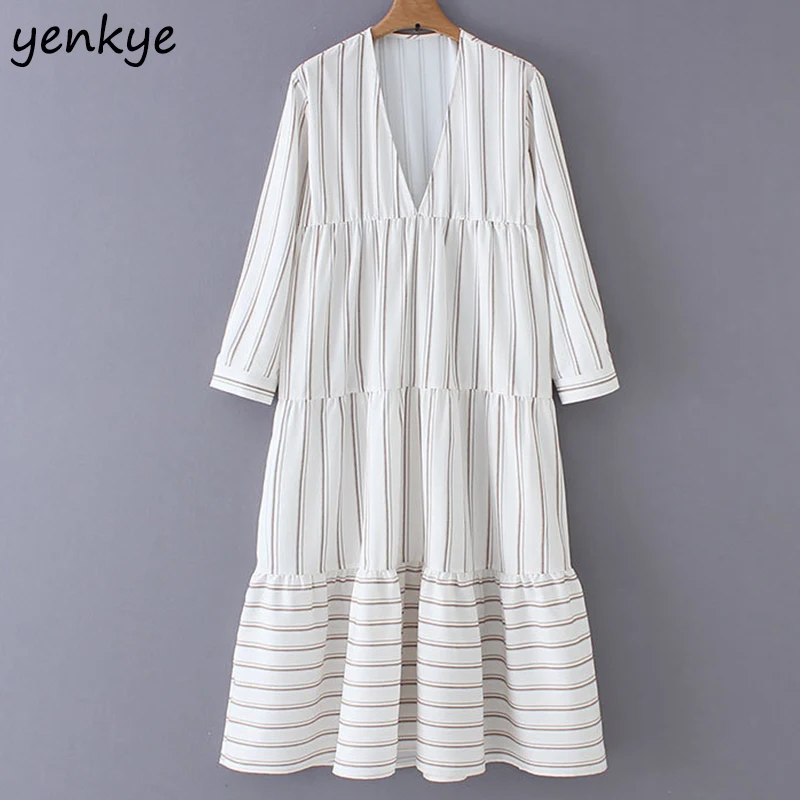 

Casual Summer Dress 2019 Women Long Sleeve Vintage Striped Dress Lady V Neck High Waist A-line Ruffle Long Dress robe longue