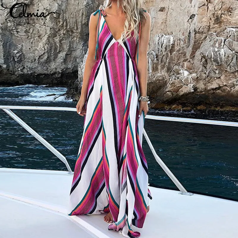 

2019 Celmia Women Sexy Spaghetti Strap Summer Sundress V Neck Striped Print Beach Party Dress Female Long Maxi Vestido Plus Size