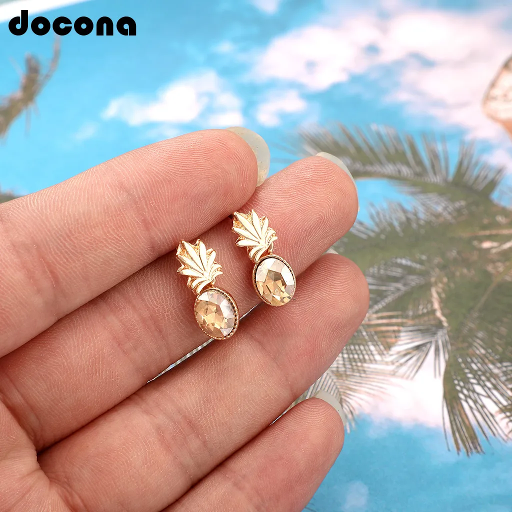 

Docona Cute Boho Gold color Tiny Pineapple Fruit Crystal Gem Drop Dangle Earrings for Women Small Party Statement Jewelry B27102