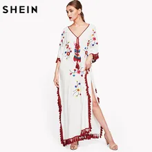 SHEIN Tie Neck Tassel Trim Embroidered Poncho Dress Summer Boho Dress V Neck Three Quarter Length Sleeve Maxi Dress