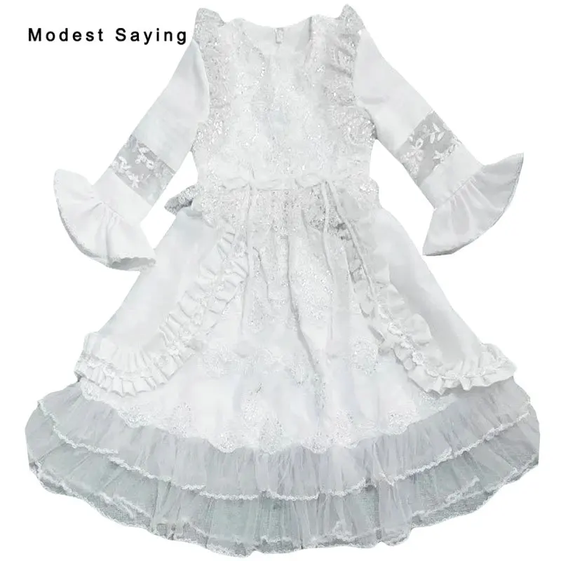 Mooie Ivoor Lange Trompet Mouwen Kant Communie Jurken 2018 Floor Kids Meisjes Kralen Party Prom Jassen Robes de communie Mooie Ivoor Lange Trompet Mouwen Kant Communie Jurken 2018 Floor Kids Meisjes Kralen Party Prom Jassen Robes de communie