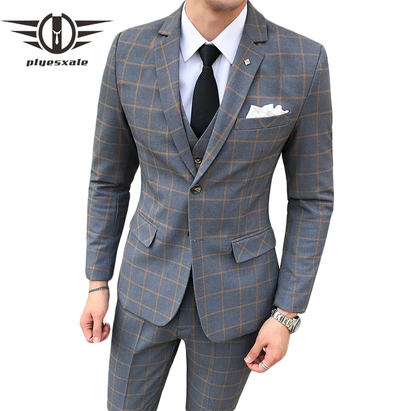 

Plyesxale Navy Blue Burgundy Grey Plaid Suit For Men Slim Fit Groom Wedding Suit High Quality Mens Suits Designers 2019 Q334