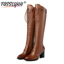 TASSLYNN/; женские ботинки; зимняя обувь из натуральной кожи и искусственной кожи; женские сапоги до колена на высоком квадратном каблуке; женские мотоботы; Размер 39
