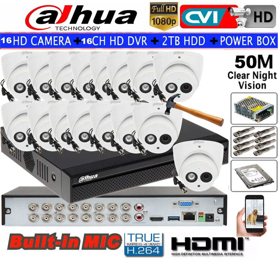 Dahua 2MP ИК HDCVI купольная камера Встроенный inMic HDW1200EMP-A камеры безопасности 16CH HCVR5116HS-S3 kit камеры видеонаблюдения HDD с питанием коробка