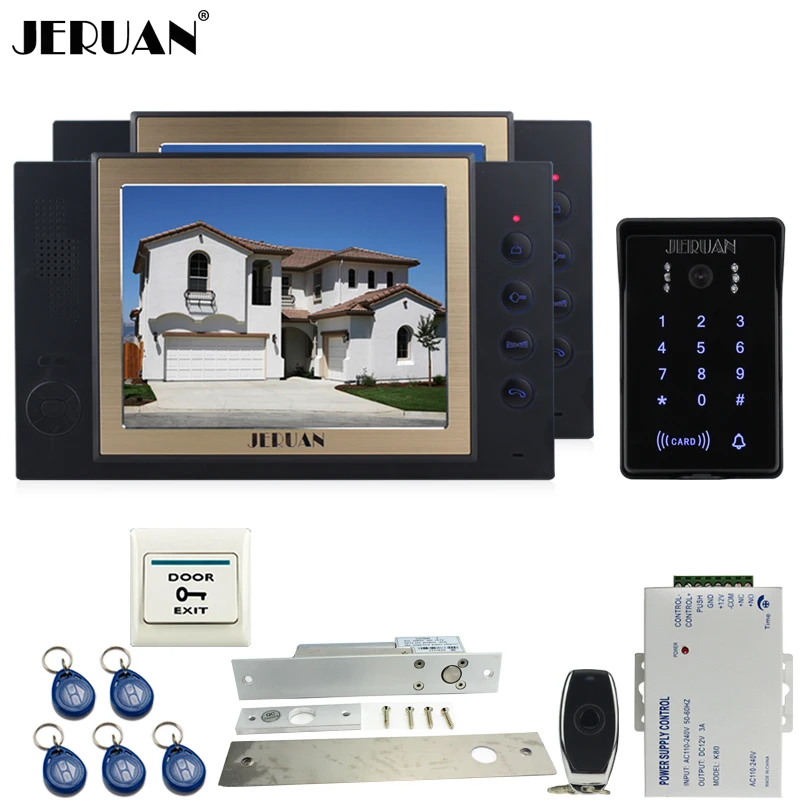 JERUAN 8`` video door phone Recording intercom system kit 2 monitor New RFID waterproof Touch Key password keypad Camera 8G SD